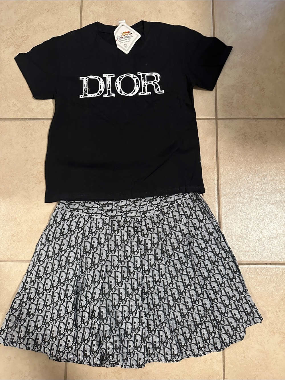 Girl -Black Tee with Gray Monogram Pleated Skirt set